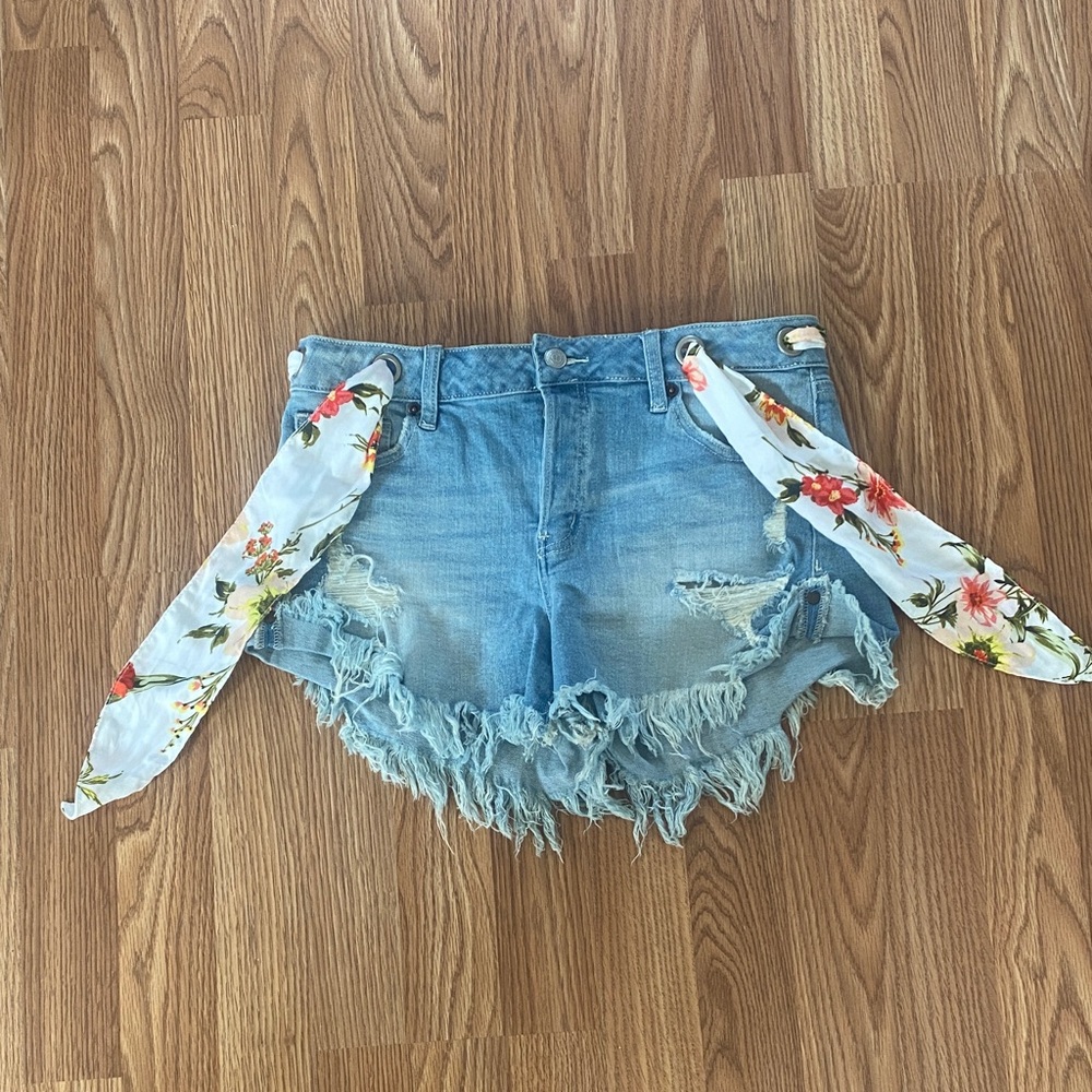 Altar'd State Blue Distressed Jean Shorts with Floral Ties